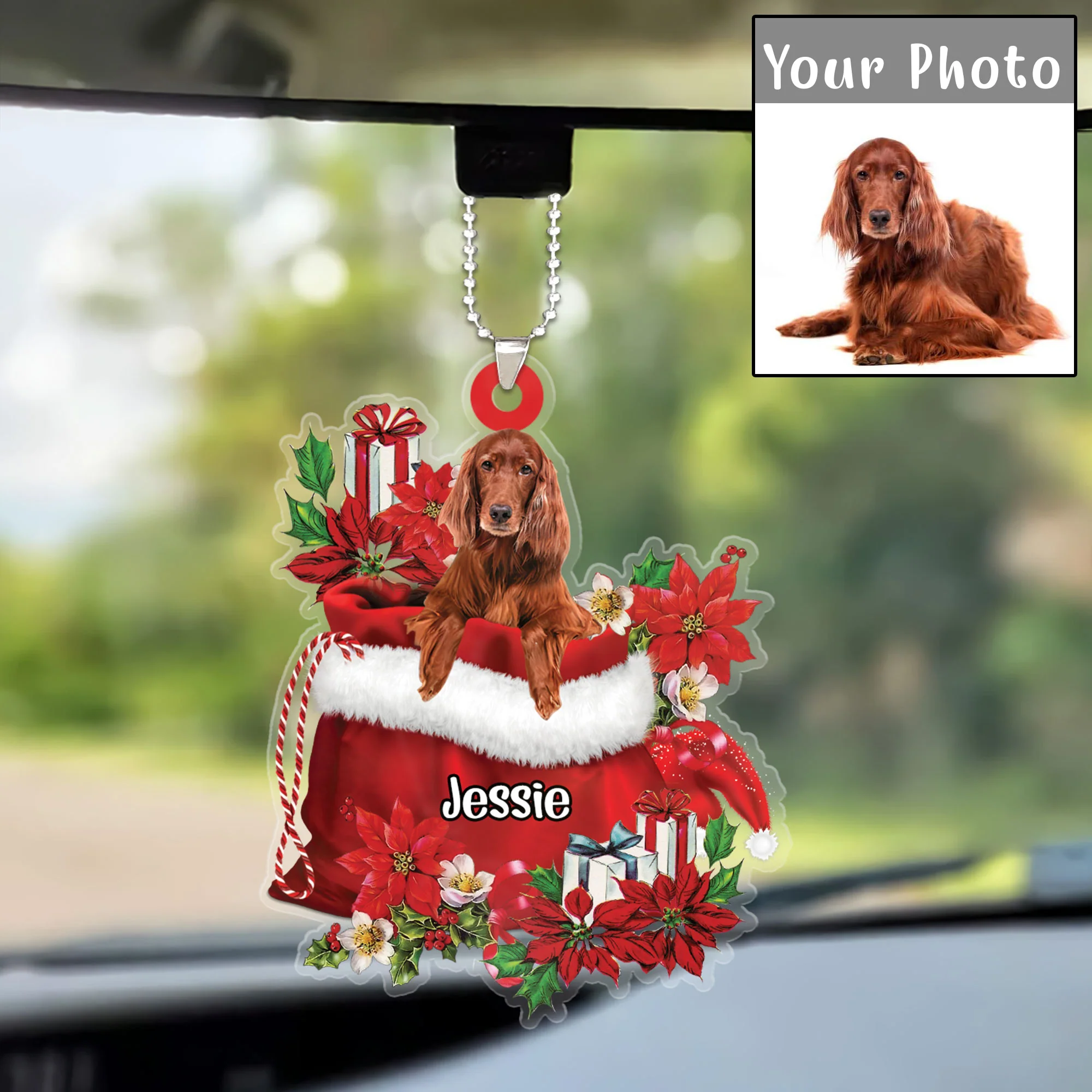 Custom Name Irish Setter In Red Gift Bag Christmas Car Ornament, Customized Christmas Gift For Dog Lovers, Dog Mom - Image 2