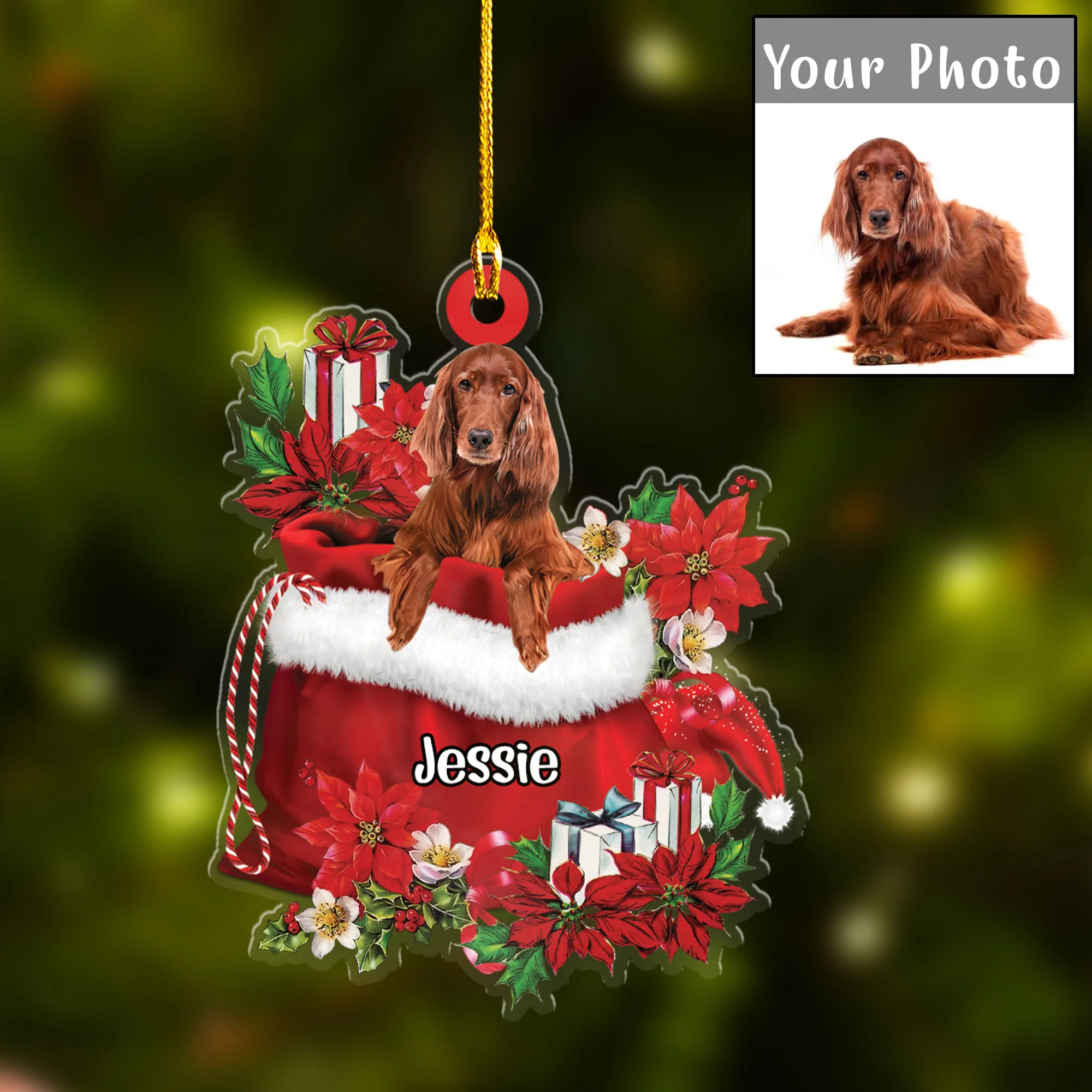 Custom Name Irish Setter In Red Gift Bag Acrylic Christmas Ornament, Customized Christmas Gift For Dog Lovers, Dog Mom - Image 2