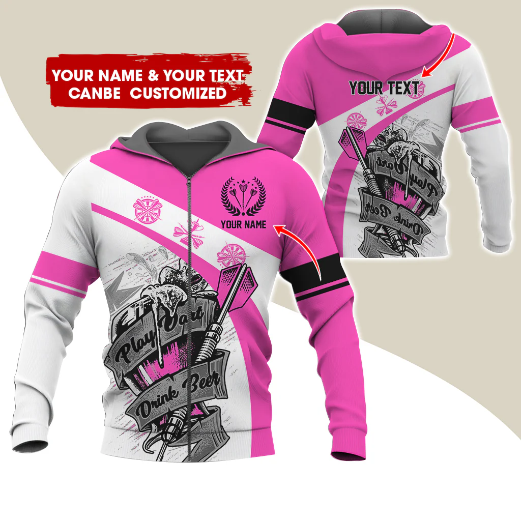 Custom Name & Text Beer Darts Premium Zip Hoodie, Customized Play Darts Drink Beer Zip Hoodie For Men & Women - Gift For Darts Lovers, Darts Players - Image 2