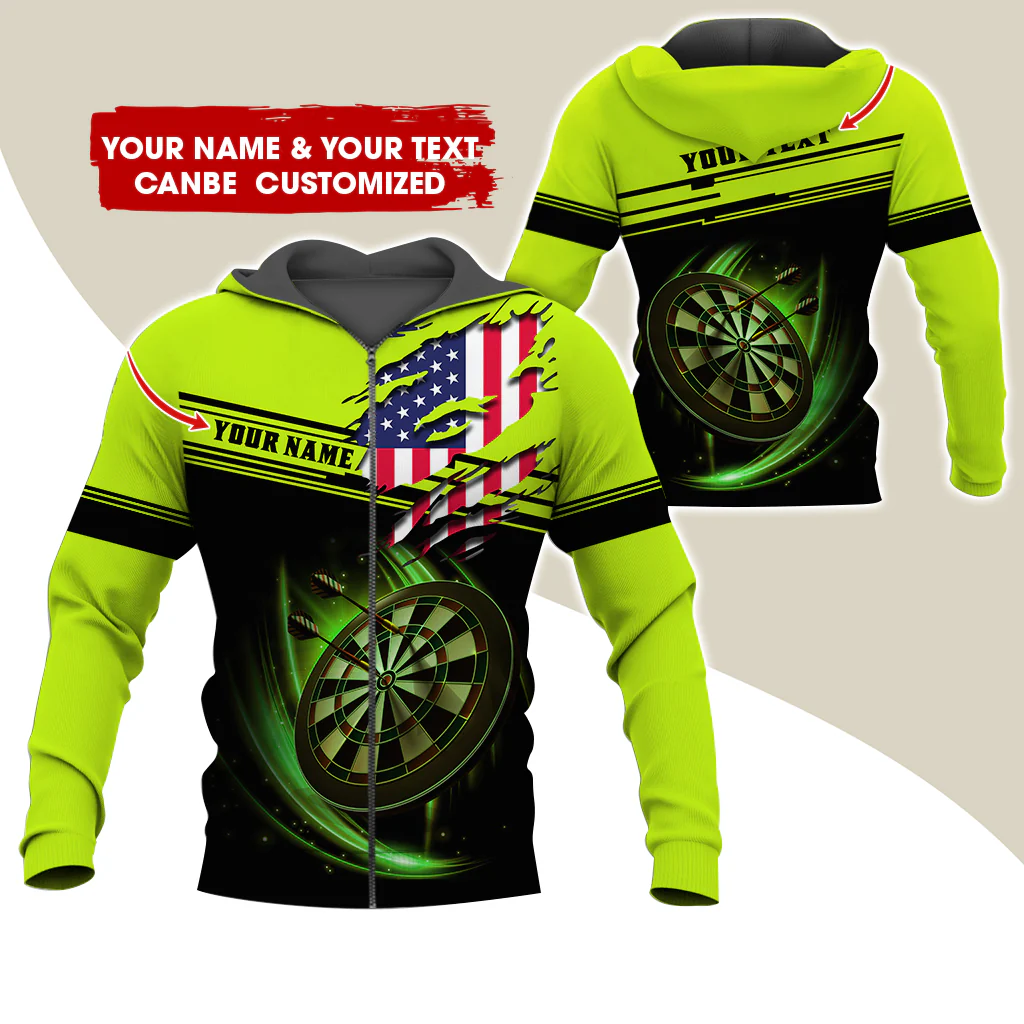 Custom Name & Text Darts Premium Zip Hoodie, Customized Name American Flag Darts Zip Hoodie For Men & Women - Gift For Darts Lovers, Darts Players - Image 2
