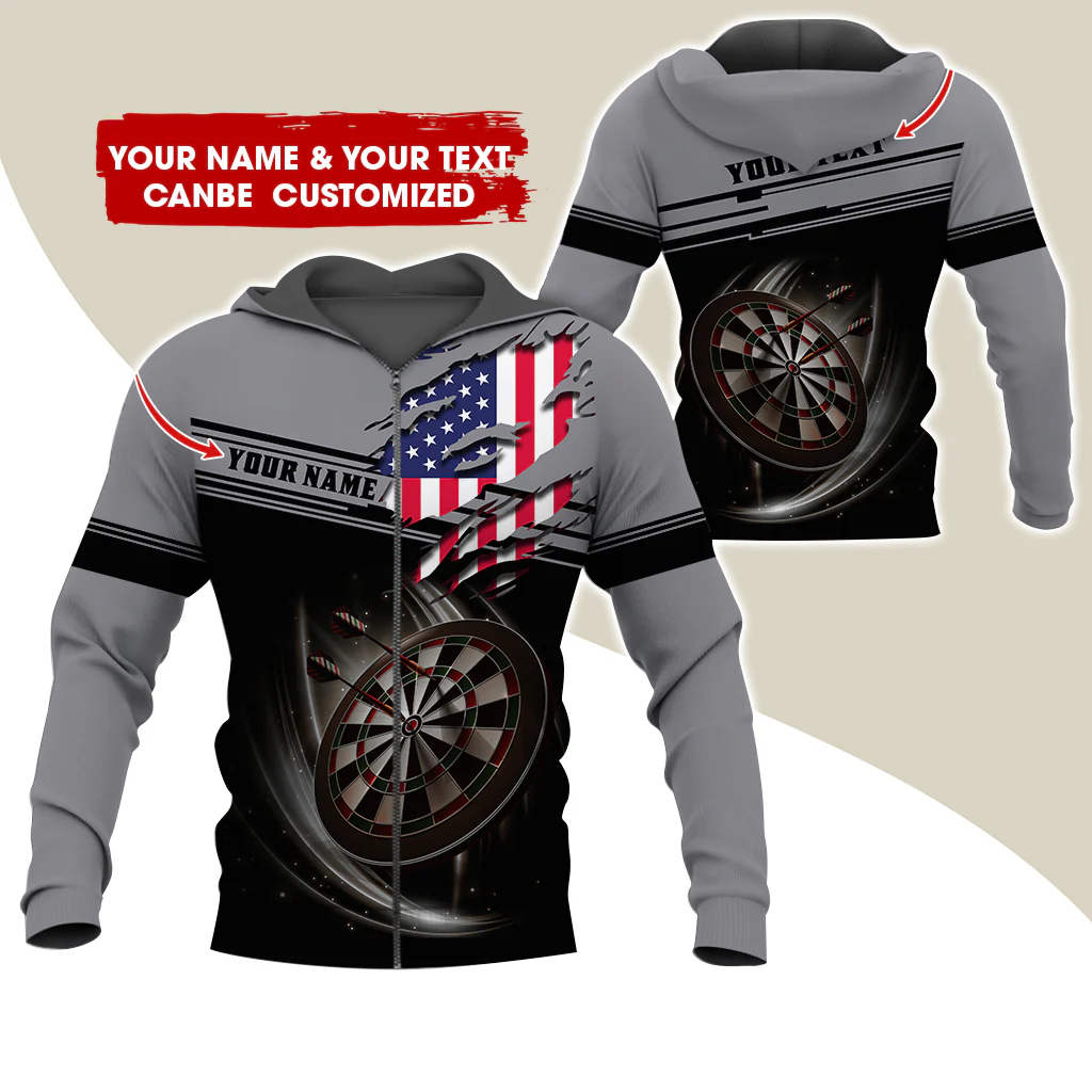 Custom Name & Text Darts Premium Zip Hoodie, Customized Name American Flag Darts Zip Hoodie For Men & Women - Gift For Darts Lovers, Darts Players - Image 3
