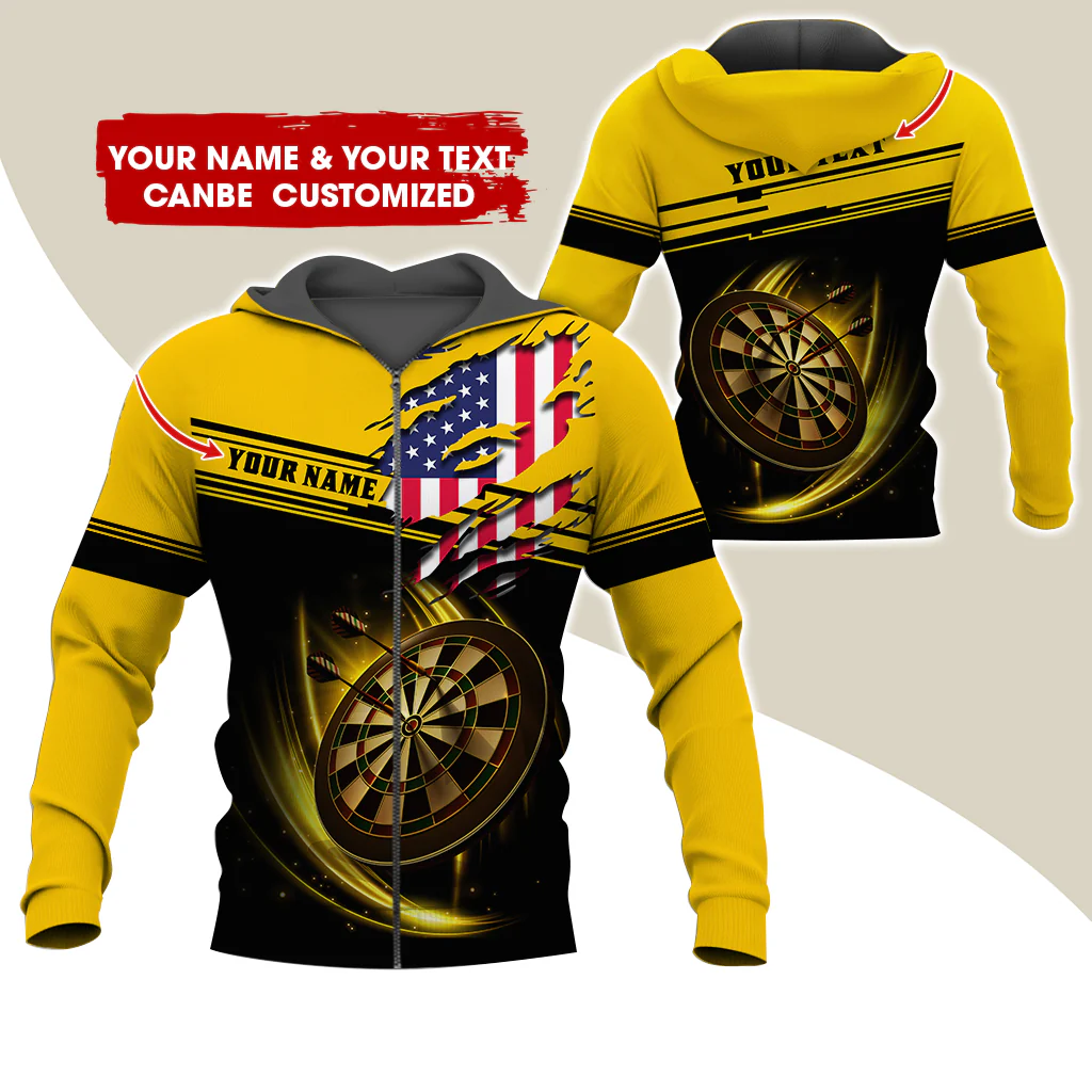 Custom Name & Text Darts Premium Zip Hoodie, Customized Name American Flag Darts Zip Hoodie For Men & Women - Gift For Darts Lovers, Darts Players - Image 4