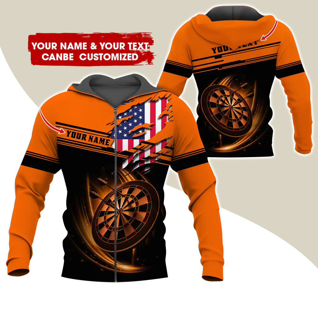 Custom Name & Text Darts Premium Zip Hoodie, Customized Name American Flag Darts Zip Hoodie For Men & Women - Gift For Darts Lovers, Darts Players - Image 5