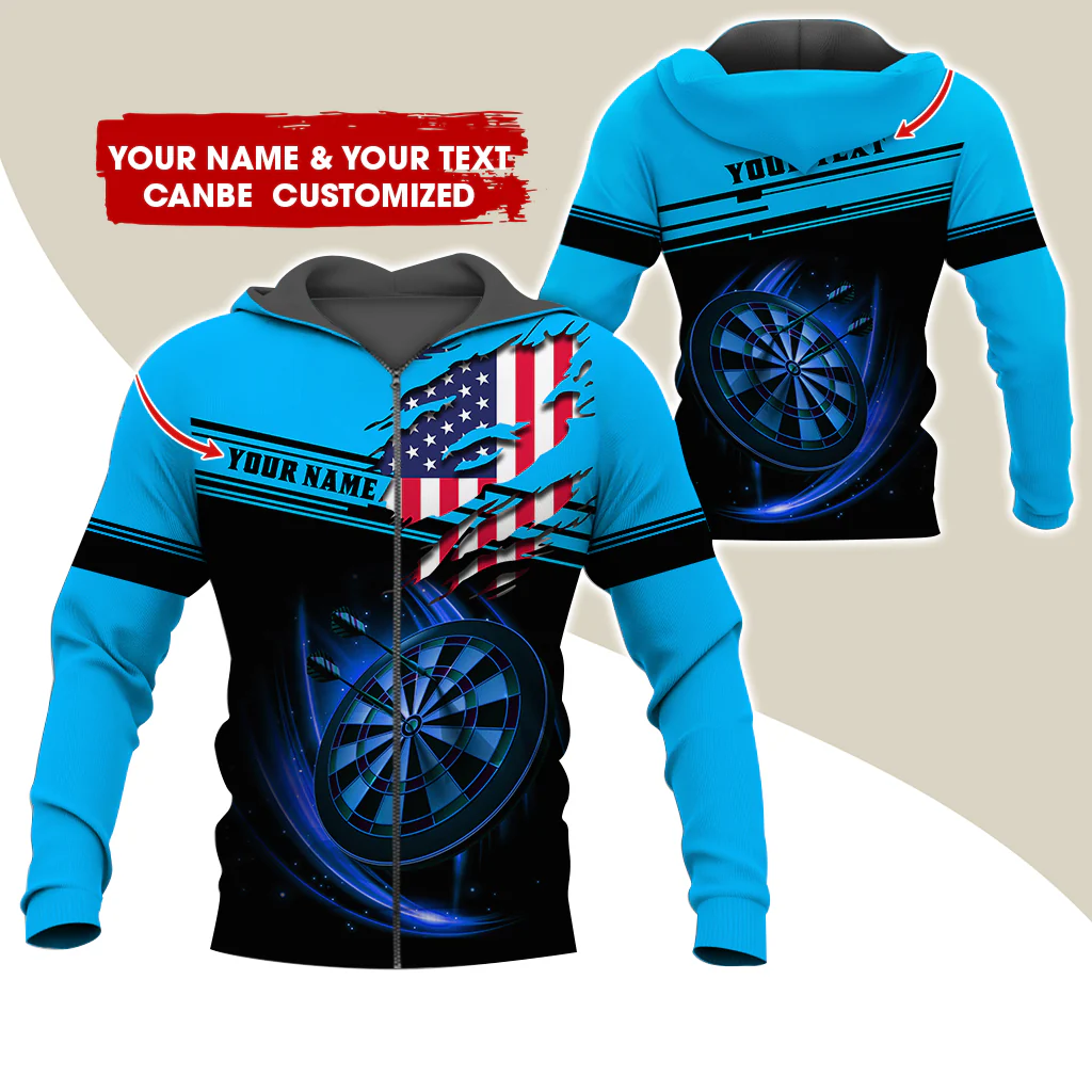 Custom Name & Text Darts Premium Zip Hoodie, Customized Name American Flag Darts Zip Hoodie For Men & Women - Gift For Darts Lovers, Darts Players - Image 6