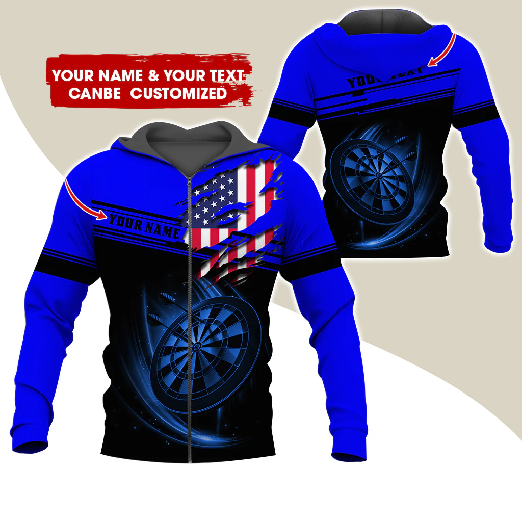 Custom Name & Text Darts Premium Zip Hoodie, Customized Name American Flag Darts Zip Hoodie For Men & Women - Gift For Darts Lovers, Darts Players - Image 7