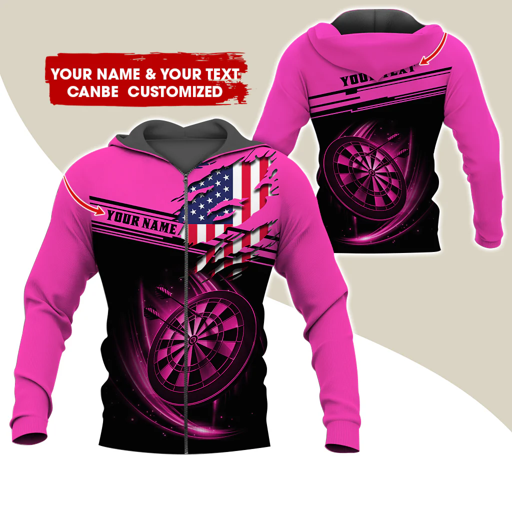 Custom Name & Text Darts Premium Zip Hoodie, Customized Name American Flag Darts Zip Hoodie For Men & Women - Gift For Darts Lovers, Darts Players - Image 8