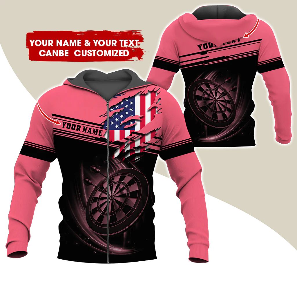 Custom Name & Text Darts Premium Zip Hoodie, Customized Name American Flag Darts Zip Hoodie For Men & Women - Gift For Darts Lovers, Darts Players - Image 9