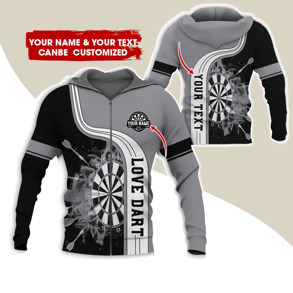 Custom Name & Text Darts Premium Zip Hoodie, Personalized Name Love Dart Zip Hoodie For Men & Women - Gift For Darts Lovers, Darts Players - Image 2