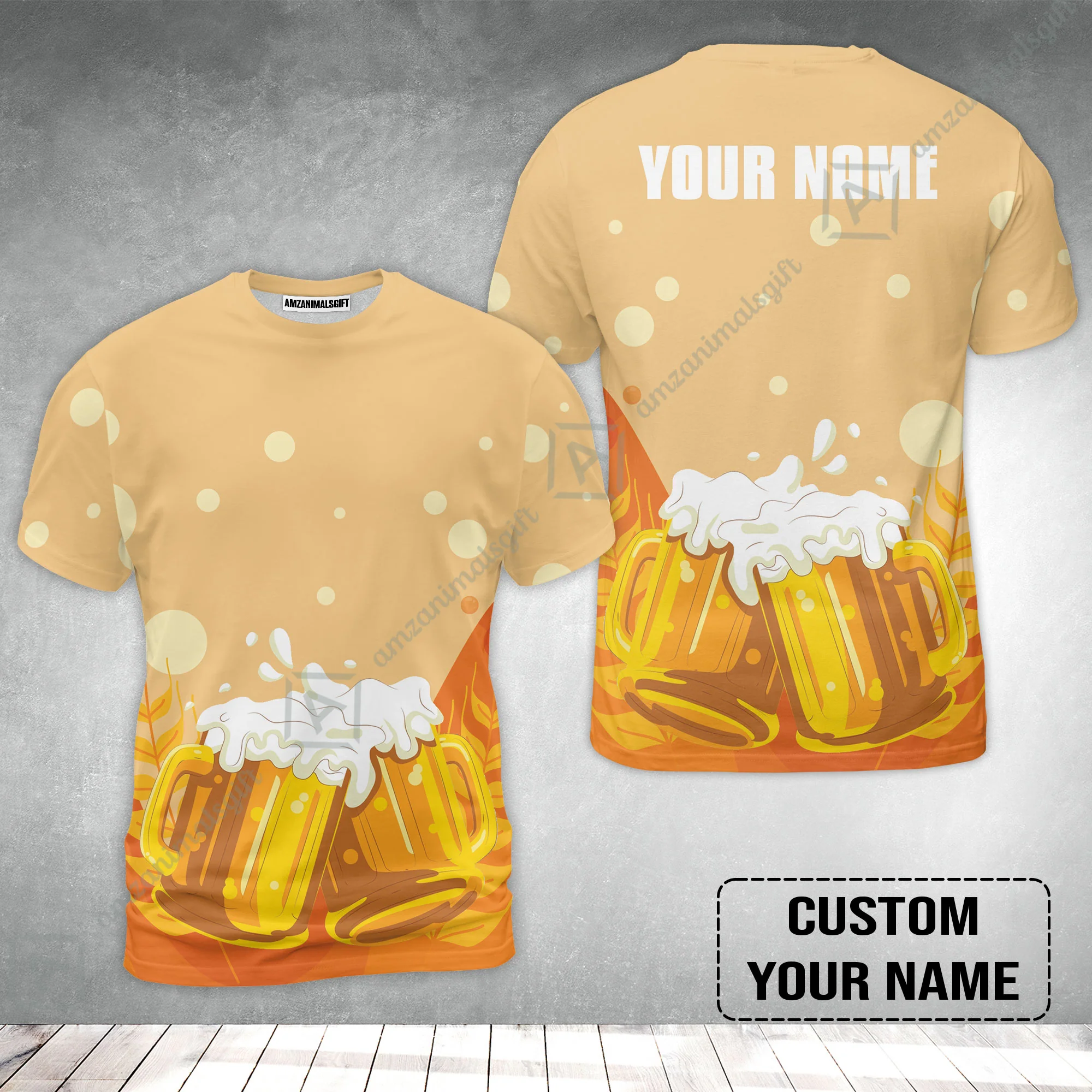 Custom Orange Beer Pattern Design Oktoberfest Beer Festival Performance T-Shirt - Image 2