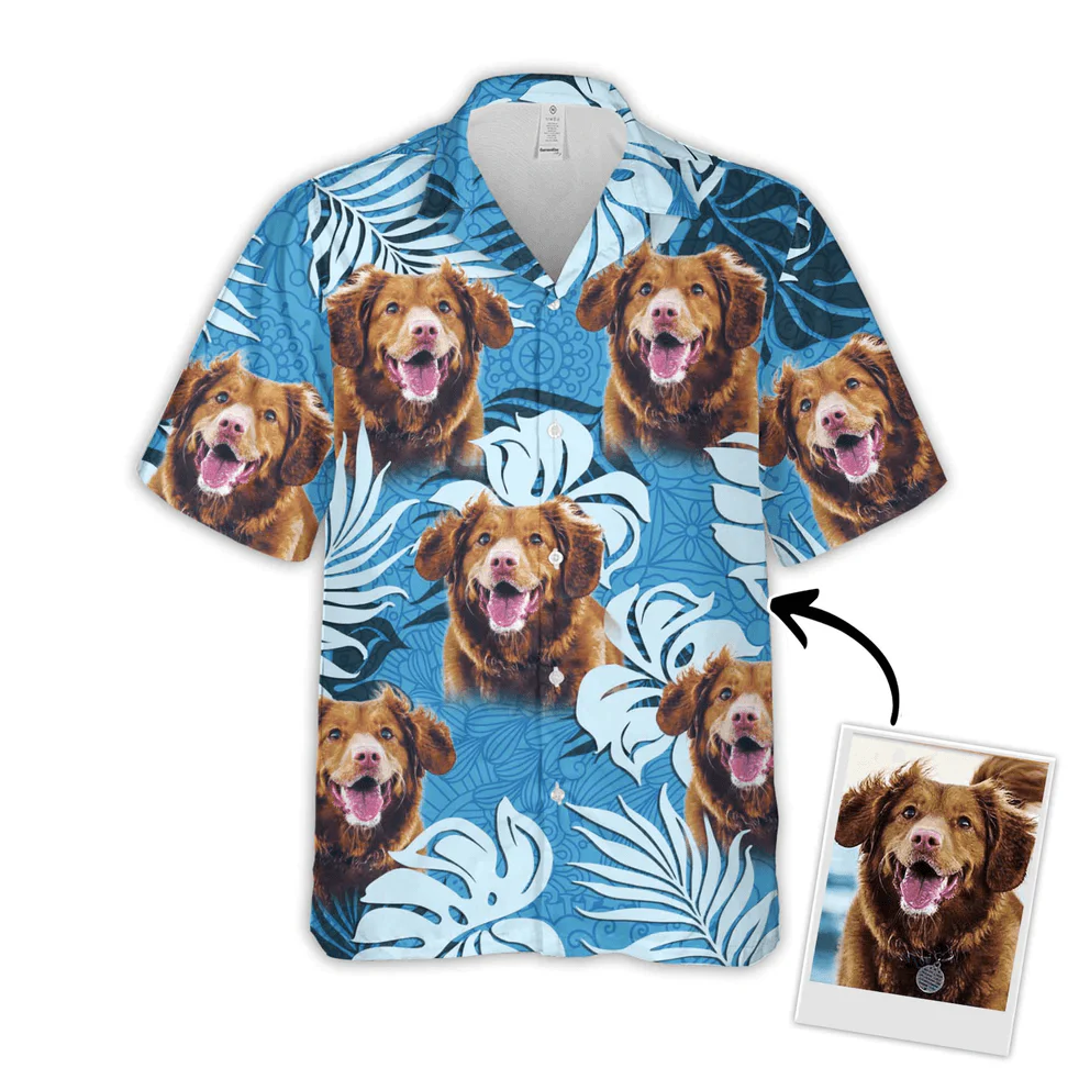 Custom Pet Dog Hawaiian Shirt - Custom Photo Pet Leaves Pattern Sea Blue Personalized Hawaiian Shirt - Perfect Gift For Animal Lovers, Friend, Family - Image 2