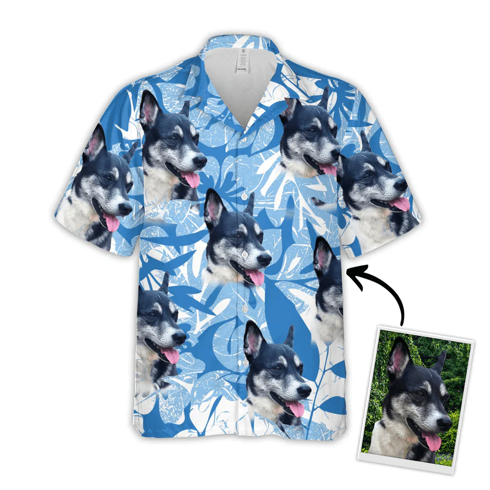 Custom Pet Dog Hawaiian shirt - Custom Photo Pet Leaves & Flowers Pattern Blue Personalized Hawaiian Shirt - Perfect Gift For Animal Lovers, Friend, Family - Image 2