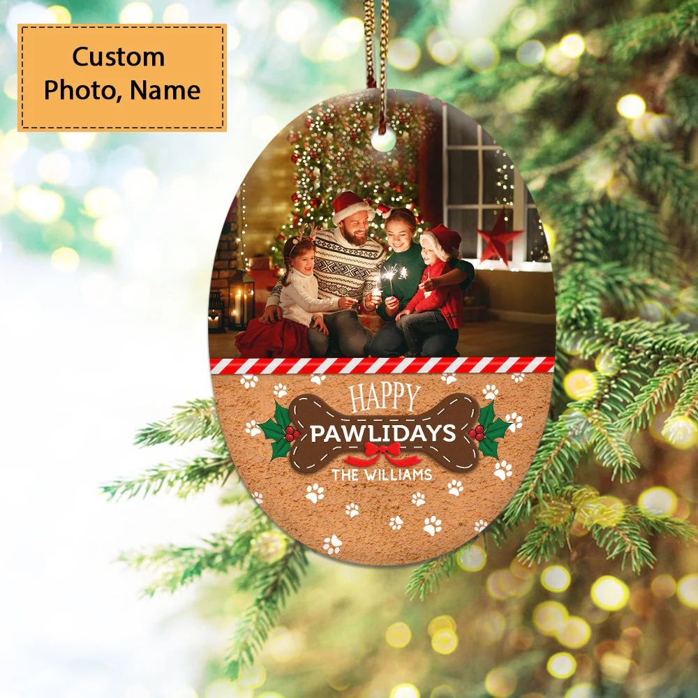 Custom Photo With Family Ceramic Ornament, Custom Photo Ornament With Pet, Happy Pawlidays - Christmas Ornament Gift For Members Family, Anniversary - Image 2
