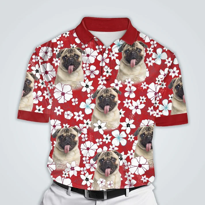 Custom Polo Shirt With Dog Face, Pet Face Polo Shirt, Red Flower Pattern Personalized Polo Shirt For Dog Dad - Perfect Gift For Men, Dog Lover - Image 2