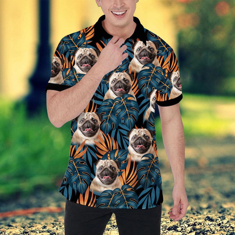 Custom Polo Shirt With Dog Face, Pet Polo Shirt, Dark Blue, Orange Leaf Pattern Personalized Polo Shirt For Dog Dad - Perfect Gift For Men, Dog Lover - Image 2