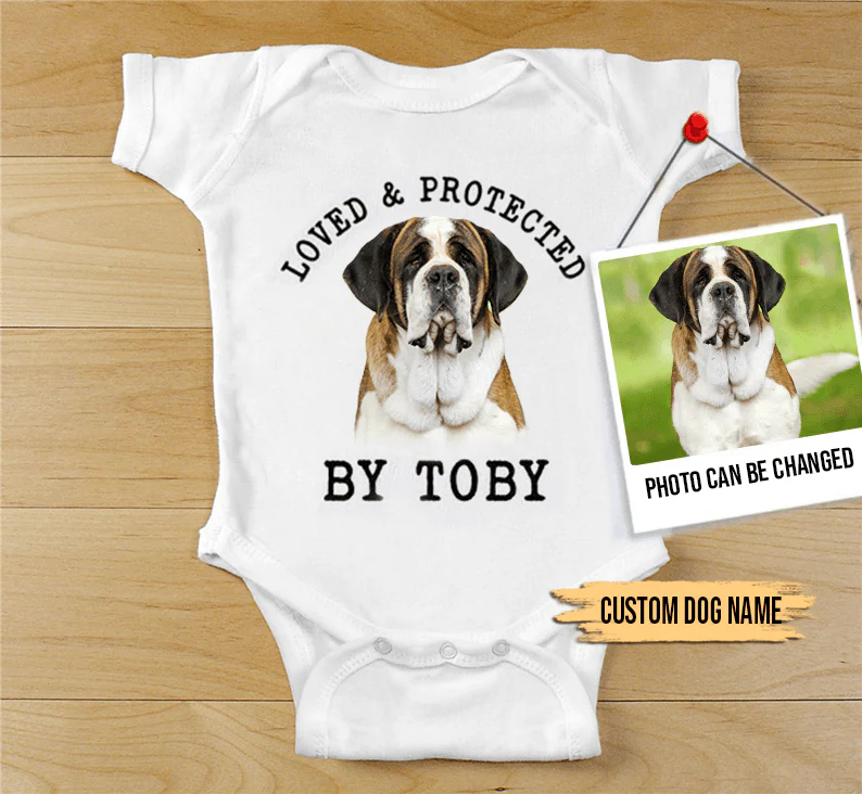 Custom St Bernard Baby Onesies, Loved & Protected By Custom Dog Newborn Onesies, Personalized Onesies - Perfect Gift For Baby, Baby Gift Onesie