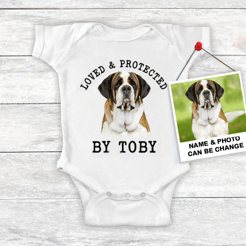 Custom St Bernard Baby Onesies, Loved & Protected By Custom Dog Newborn Onesies, Personalized Onesies - Perfect Gift For Baby, Baby Gift Onesie - Image 2