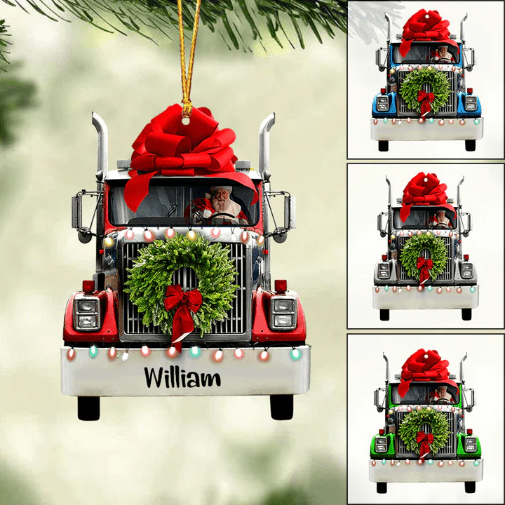 Custom Truck Acrylic Christmas Ornament, Personalized Santa Claus Driving Christmas Truck Acrylic Ornament For Truck Driver, Christmas