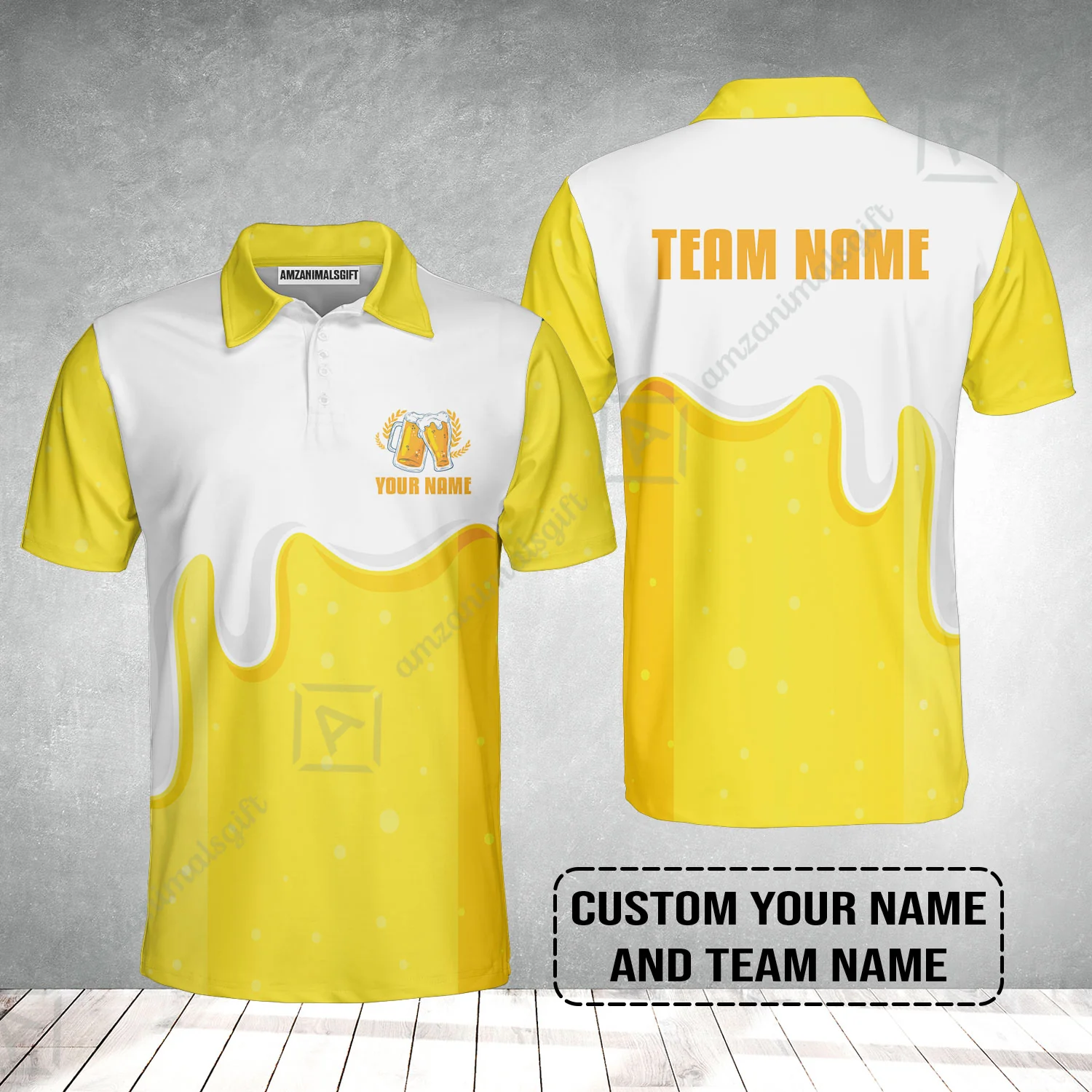 Custom Yellow White Beer Pattern Design Oktoberfest Beer Festival Performance Polo Shirt - Image 2