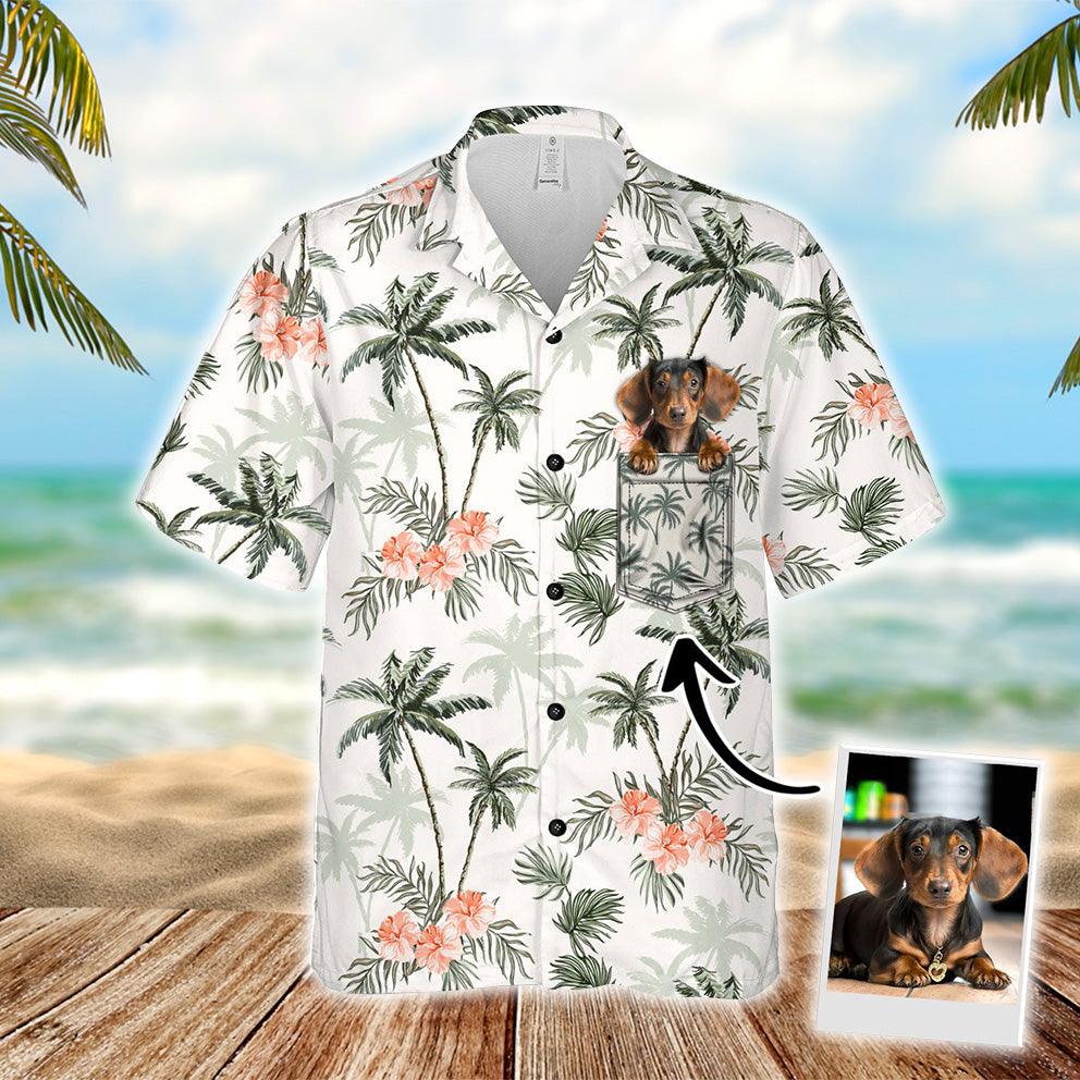 Customized Aloha Hawaiian Shirt With Dog Pet Face - Palm Trees And Cheetah Floral Pattern White Color Aloha Shirt With Pocket