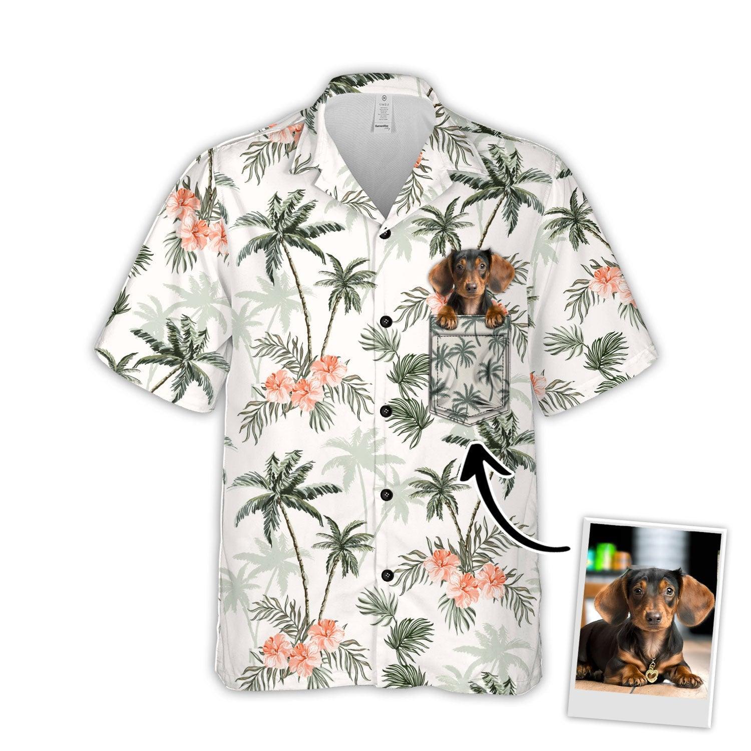 Customized Aloha Hawaiian Shirt With Dog Pet Face - Palm Trees And Cheetah Floral Pattern White Color Aloha Shirt With Pocket - Image 5