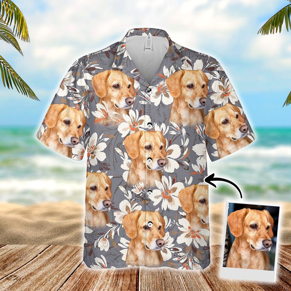 Customized Aloha Hawaiian Shirts With Dog Face Pet Face - Tropical Floral, Watercolor Flower Gray Color Aloha Hawaiian Shirts With Dog Face