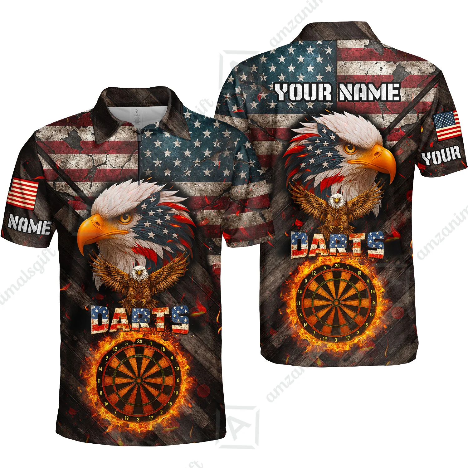 Customized American Flag Darts Polo Shirt, Darts Dartboard Fire Flame Eagle Style Jersey Polo Shirt for Darts Players - Image 2