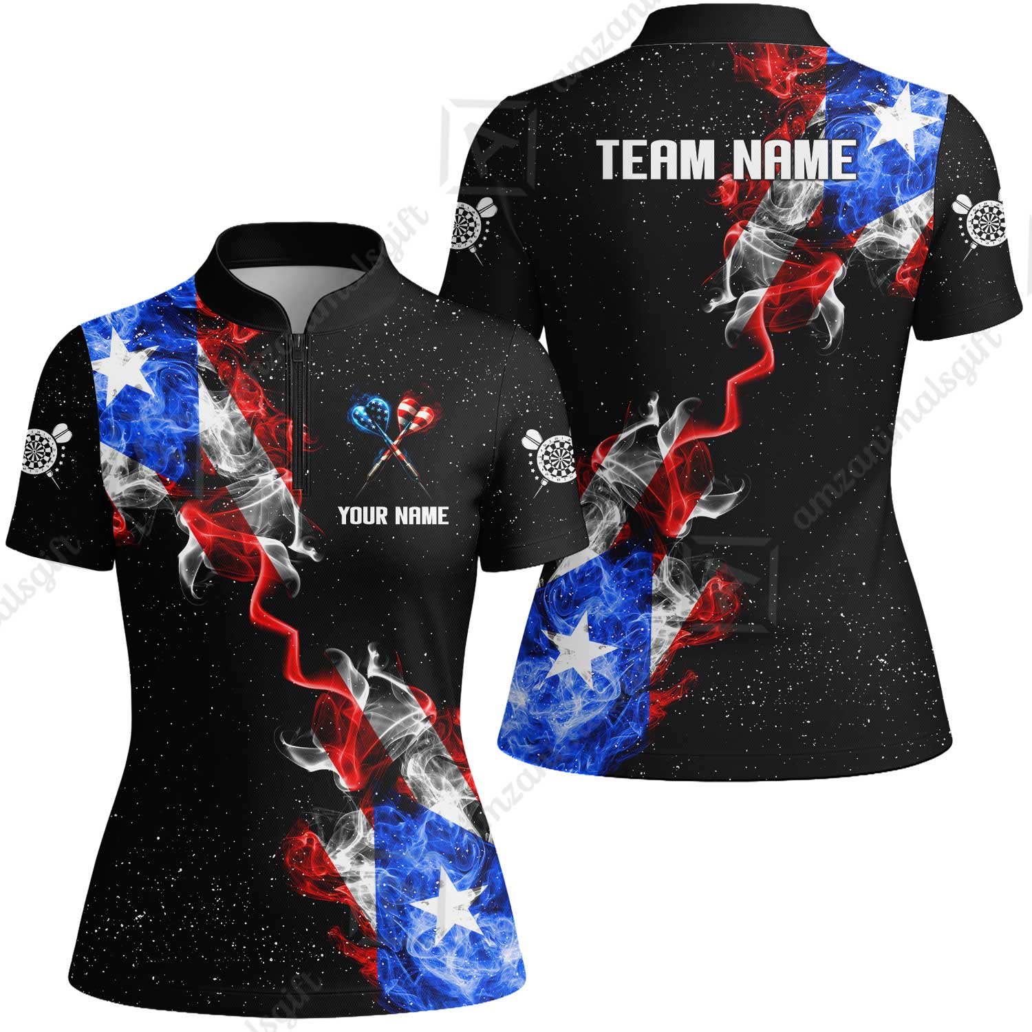 Customized American Flag Darts Stand Collar Quater-Zip, Darts Smoke USA Flag Team Style Jersey Polo Shirt, Outfit for Darts Players - Image 15