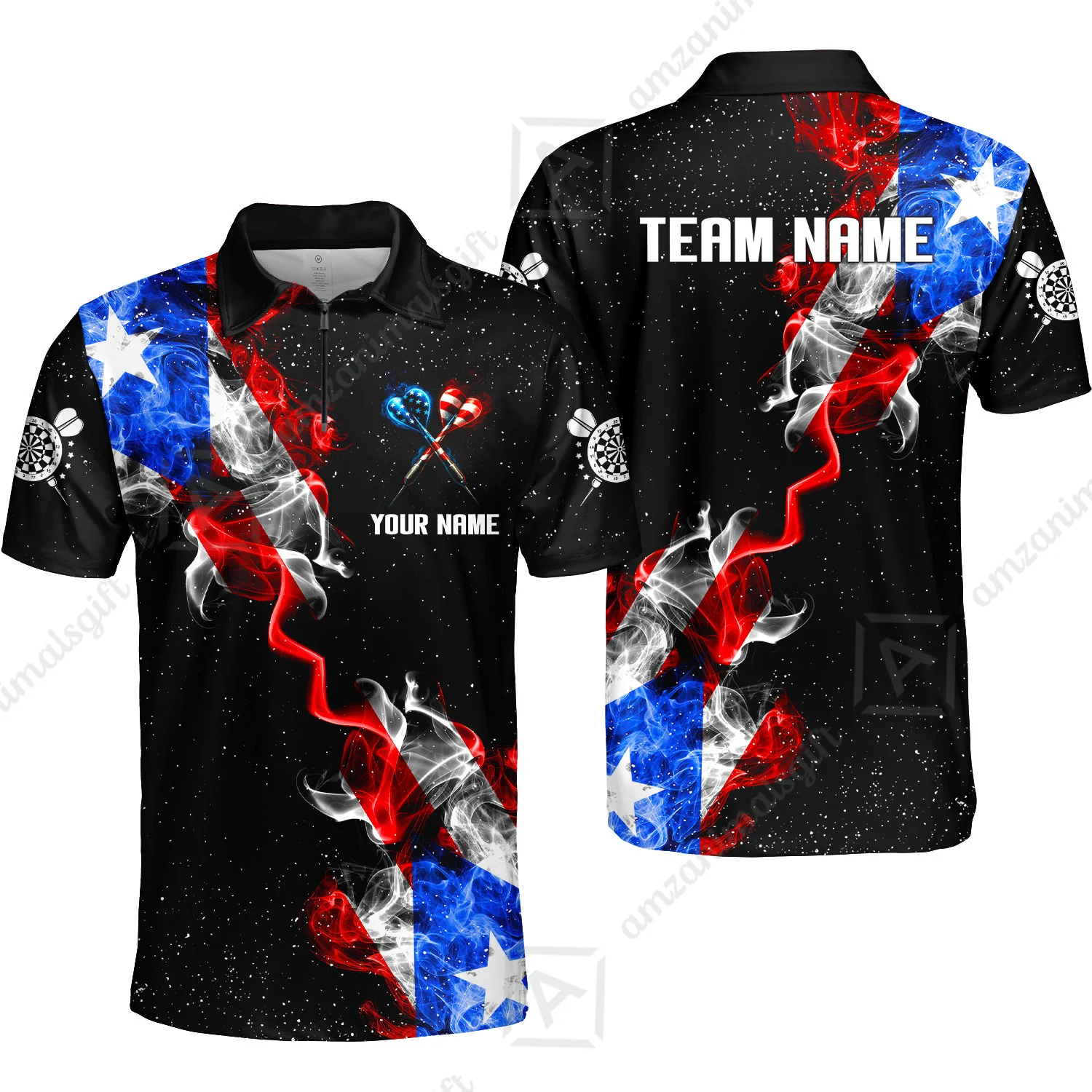 Customized American Flag Darts Stand Collar Quater-Zip, Darts Smoke USA Flag Team Style Jersey Polo Shirt, Outfit for Darts Players - Image 2