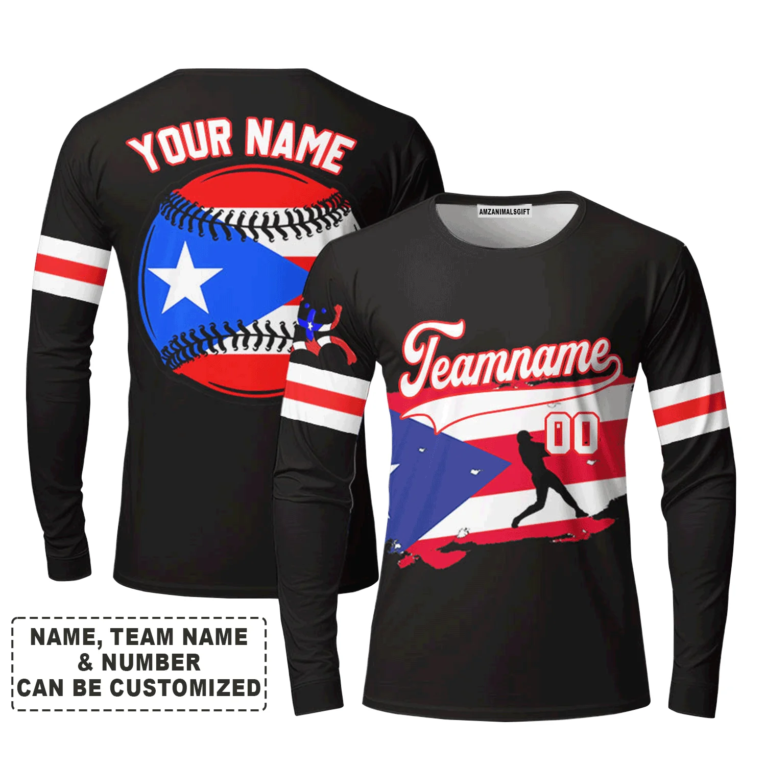 Customized Baseball Long Sleeve Shirt, Puerto Rico Baseball Black White Red Custom Long Sleeve Shirt - Perfect Long Sleeve Shirt For Men & Woman, Baseball Lovers - Image 2