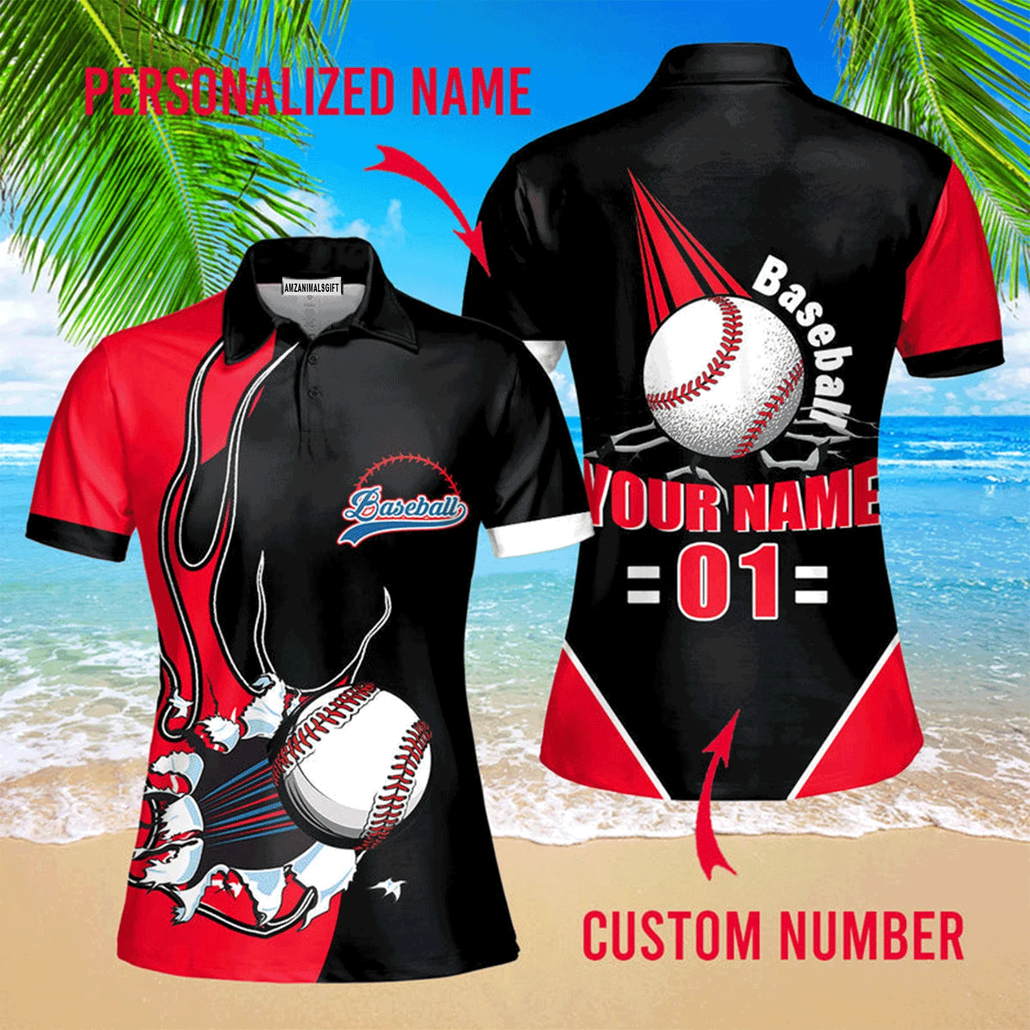 Customized Baseball Women Polo Shirt, Baseball Ball Black Red Custom Name Polo Shirt - Perfect Polo Shirt For Women, Baseball Lovers - Image 2