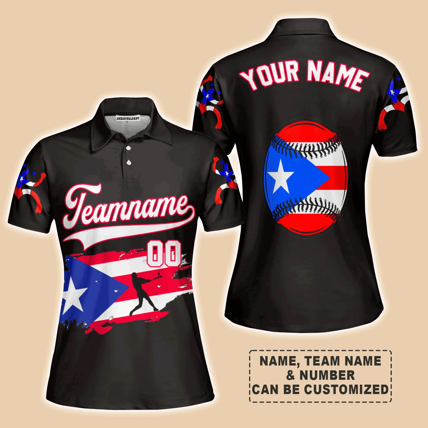 Customized Baseball Women Polo Shirt, Puerto Rico Baseball Black White Red Custom Polo Shirt - Perfect Polo Shirt For Women, Baseball Lovers - Image 2