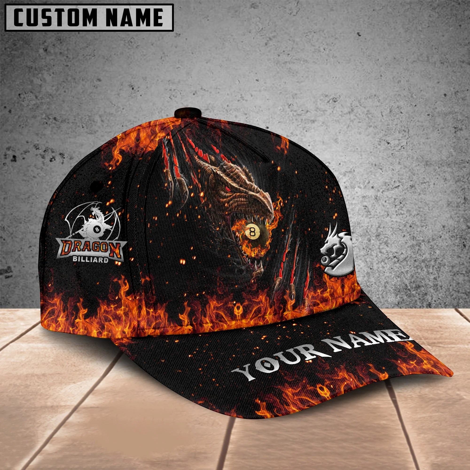 Customized Billiard Cap, Billiard Pool Ball 8 Fire Dragon Personalized Name 3D Hats, Best Billiard Pool Hat For Billiard Players - Image 2