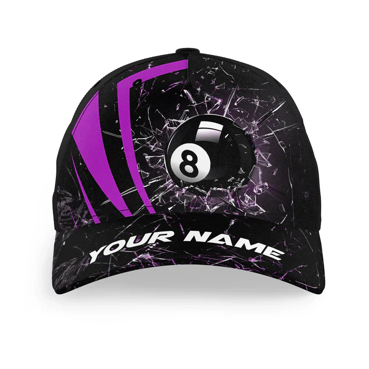Customized Billiard Cap, Billiard Pool Purple Glass Break 8 Ball Pool Personalized Name 3D Hats, Best Billiard Pool Hat For Billiard Players