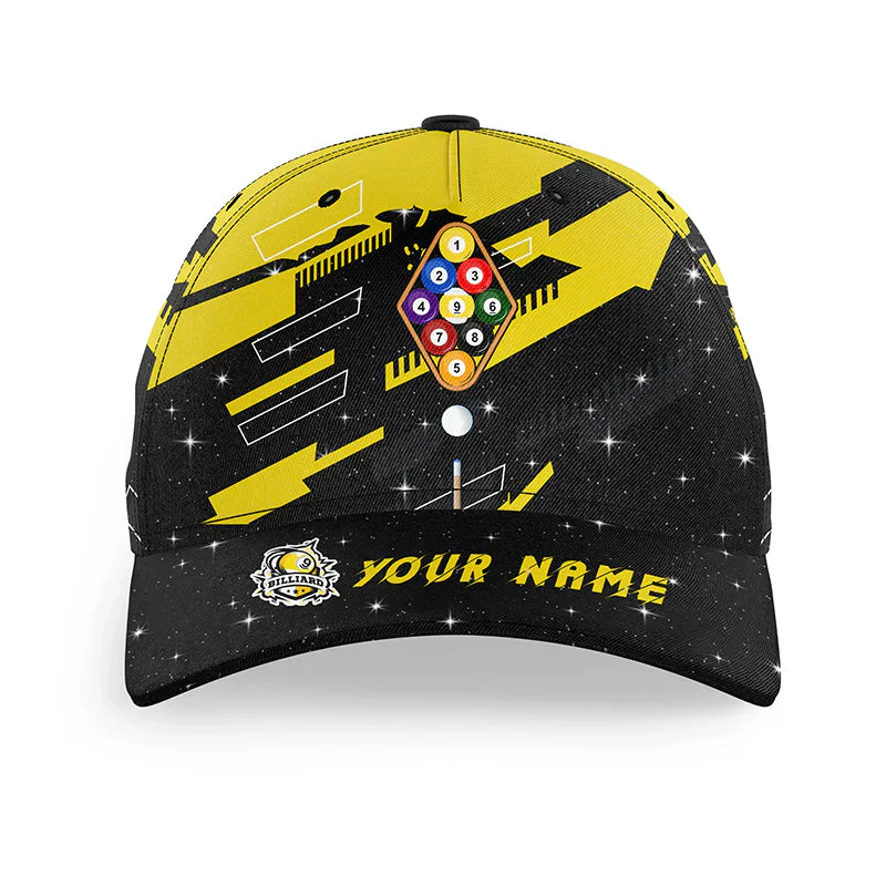 Customized Billiard Cap, Billiard Pool Yellow Black 9 Ball Pool Personalized Name 3D Hats, Best Billiard Pool Hat For Billiard Players