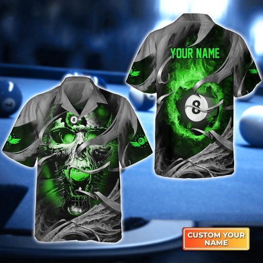Customized Billiard Hawaiian Shirts, Green Skull Reaper Pool 8 Ball Personalized Aloha Shirt - Gift For Billiard Lovers, Billiard Players