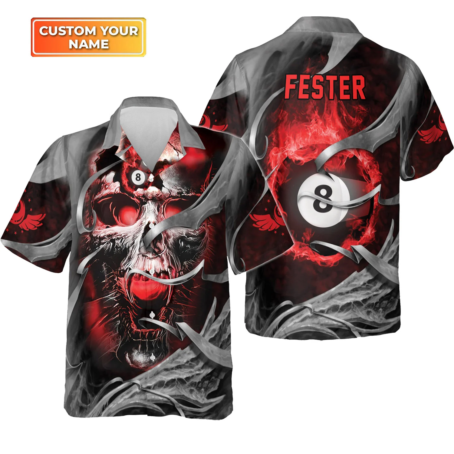 Customized Billiard Hawaiian Shirts, Red Skull Reaper Pool 8 Ball Personalized Aloha Shirt - Gift For Billiard Lovers, Billiard Players - Image 2