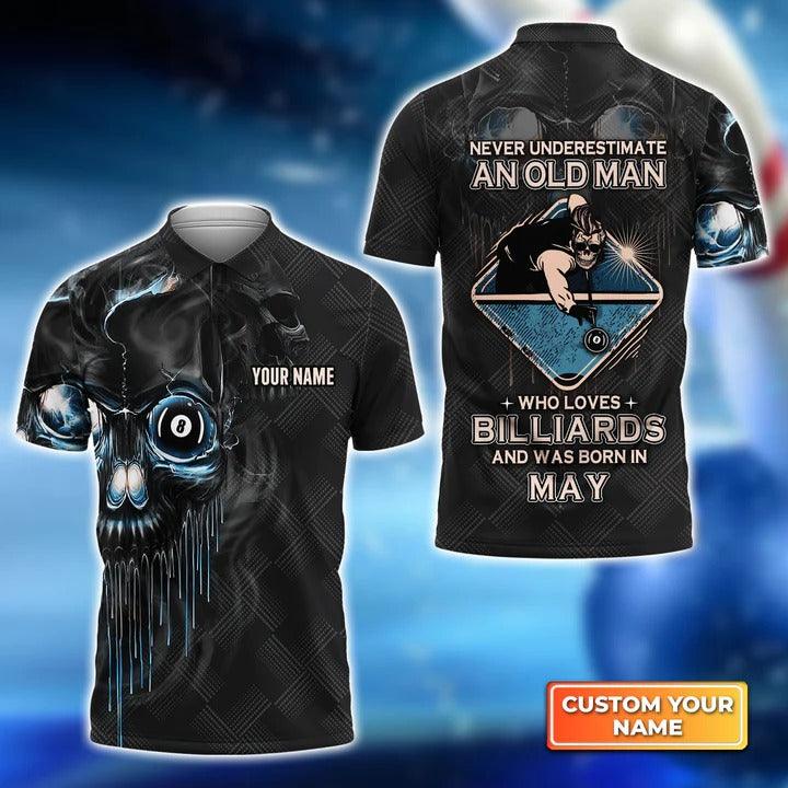 Customized Billiard Men Polo Shirts - Pool 8 Ball Never Underestimate An Old Man And Was Born In May Personalized Polo Shirts - Gift For Billiard Lovers