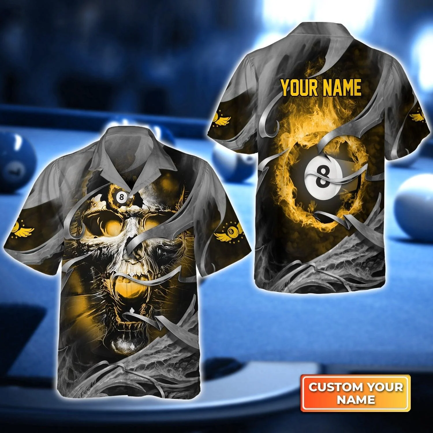Customized Billiards Aloha Hawaiian Shirts, 8 Ball Pool Billiards, Skull Yellow Fire Personalized Name Hawaiian Shirt For Men Women, Billiard Lovers