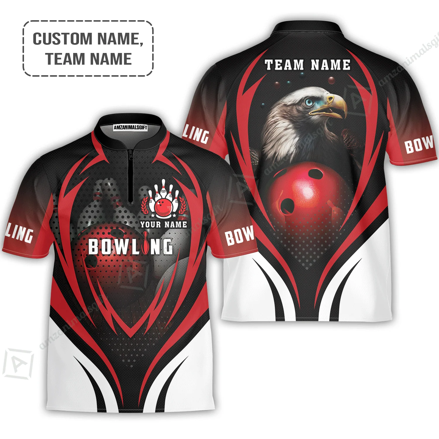 Customized Bowling Jersey, Eagle Bowling Team Ten Pin  Personalized Red Black Shirt For Friend, Family, Bowling Players - Image 2