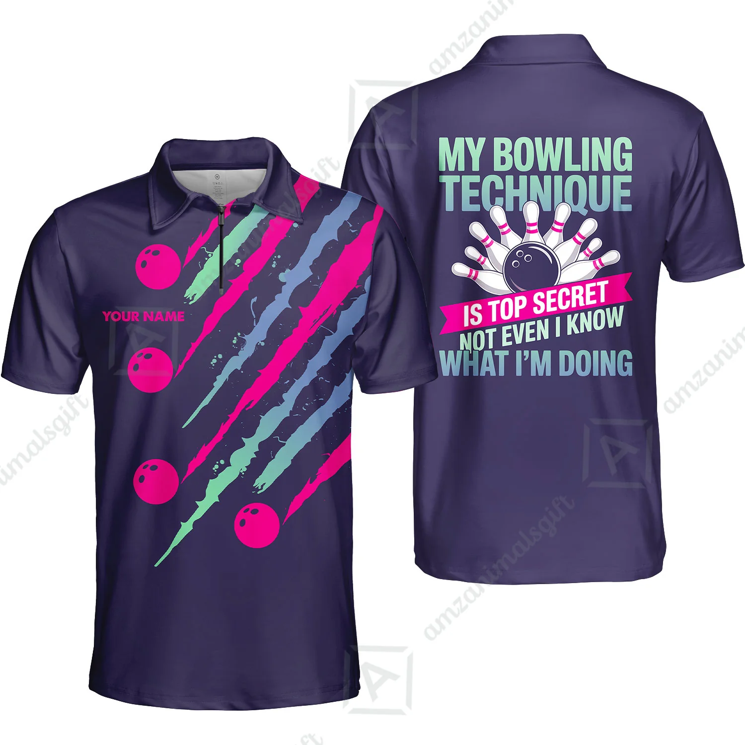 Customized Bowling Jersey, My Bowling Technique Is Top Secret - Personalized Name Stand Collar Quarter-zip Shirt - Image 5
