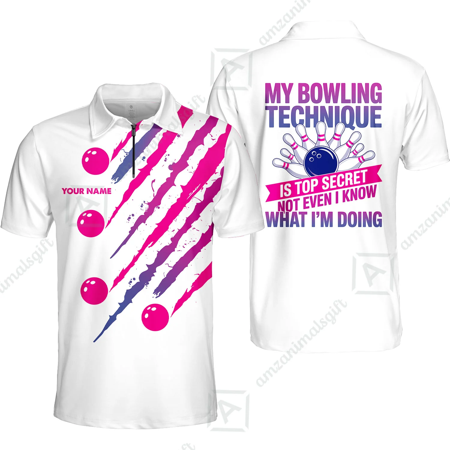 Customized Bowling Jersey, My Bowling Technique Is Top Secret - Personalized Name Stand Collar Quarter-zip Shirt - Image 6