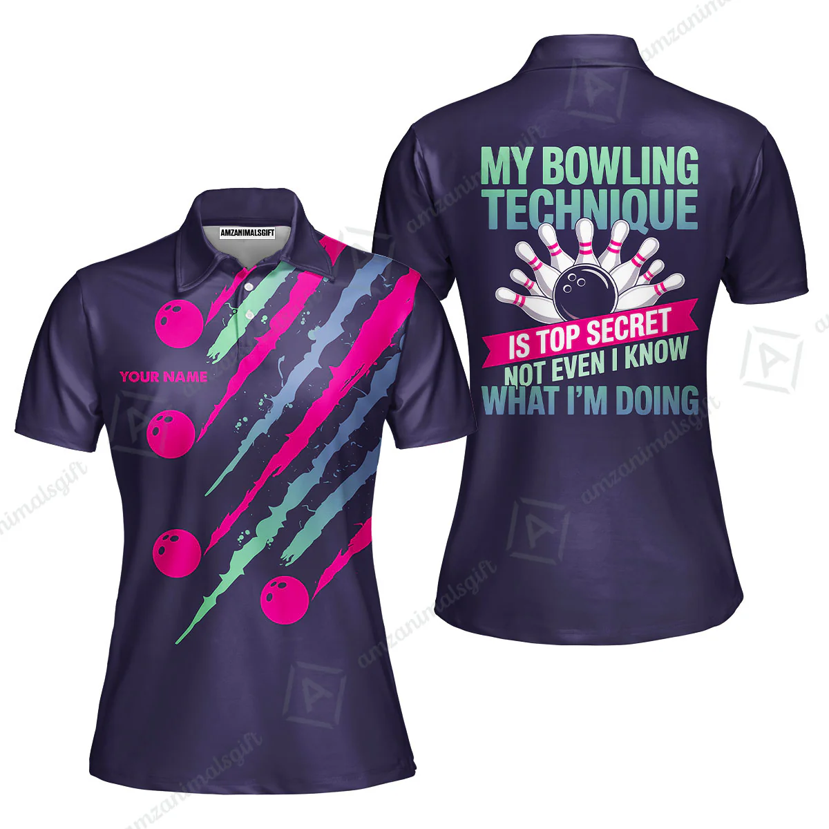Customized Bowling Jersey, My Bowling Technique Is Top Secret - Personalized Name Stand Collar Quarter-zip Shirt - Image 7