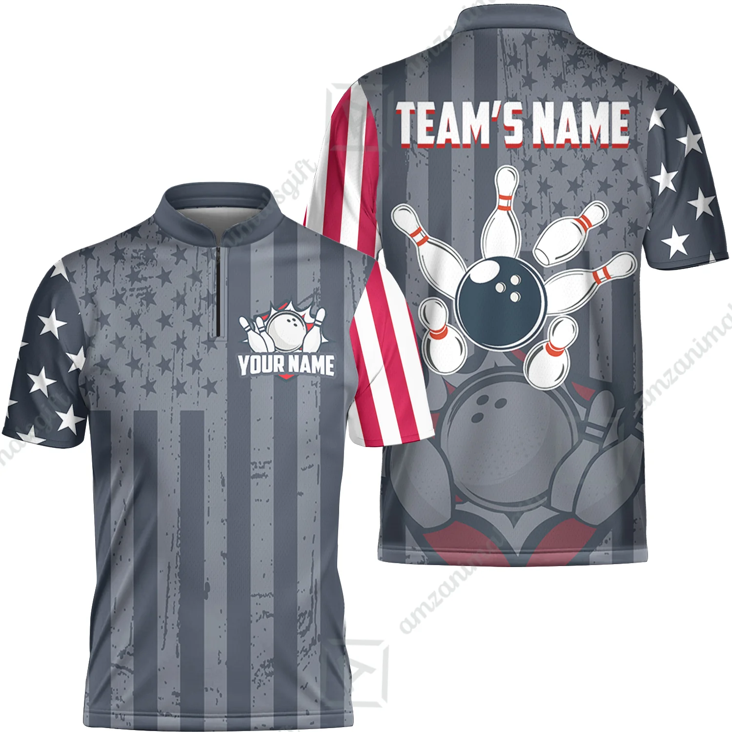 Customized Bowling Jersey Quarter-Zip Stand Collar Shirt, Bowling USA Flag Pattern Team Shirt For Men Women Bowlers