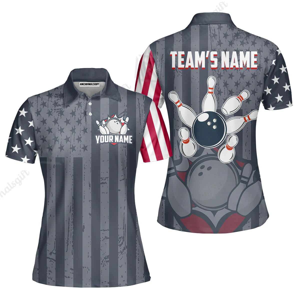 Customized Bowling Jersey Quarter-Zip Stand Collar Shirt, Bowling USA Flag Pattern Team Shirt For Men Women Bowlers - Image 2