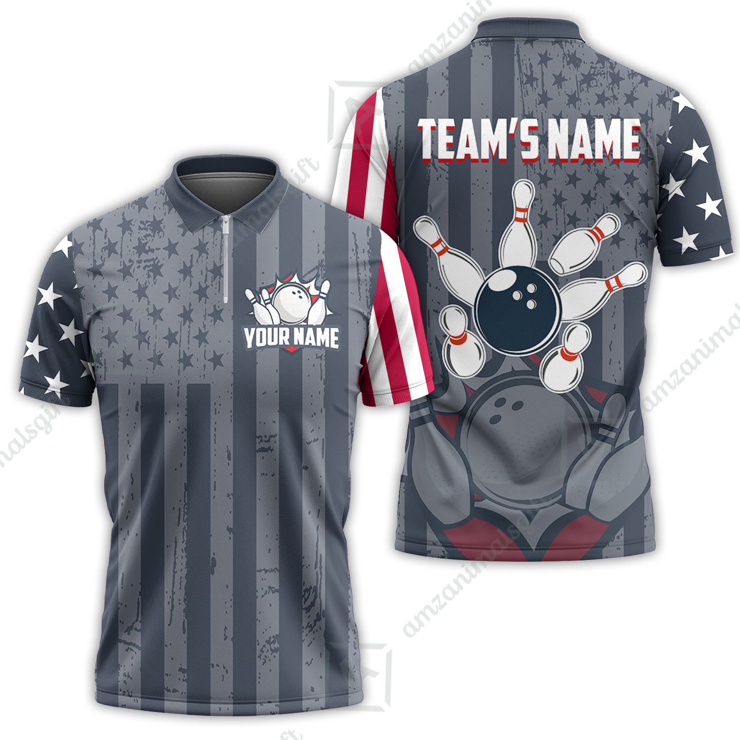 Customized Bowling Jersey Quarter-Zip Stand Collar Shirt, Bowling USA Flag Pattern Team Shirt For Men Women Bowlers - Image 3