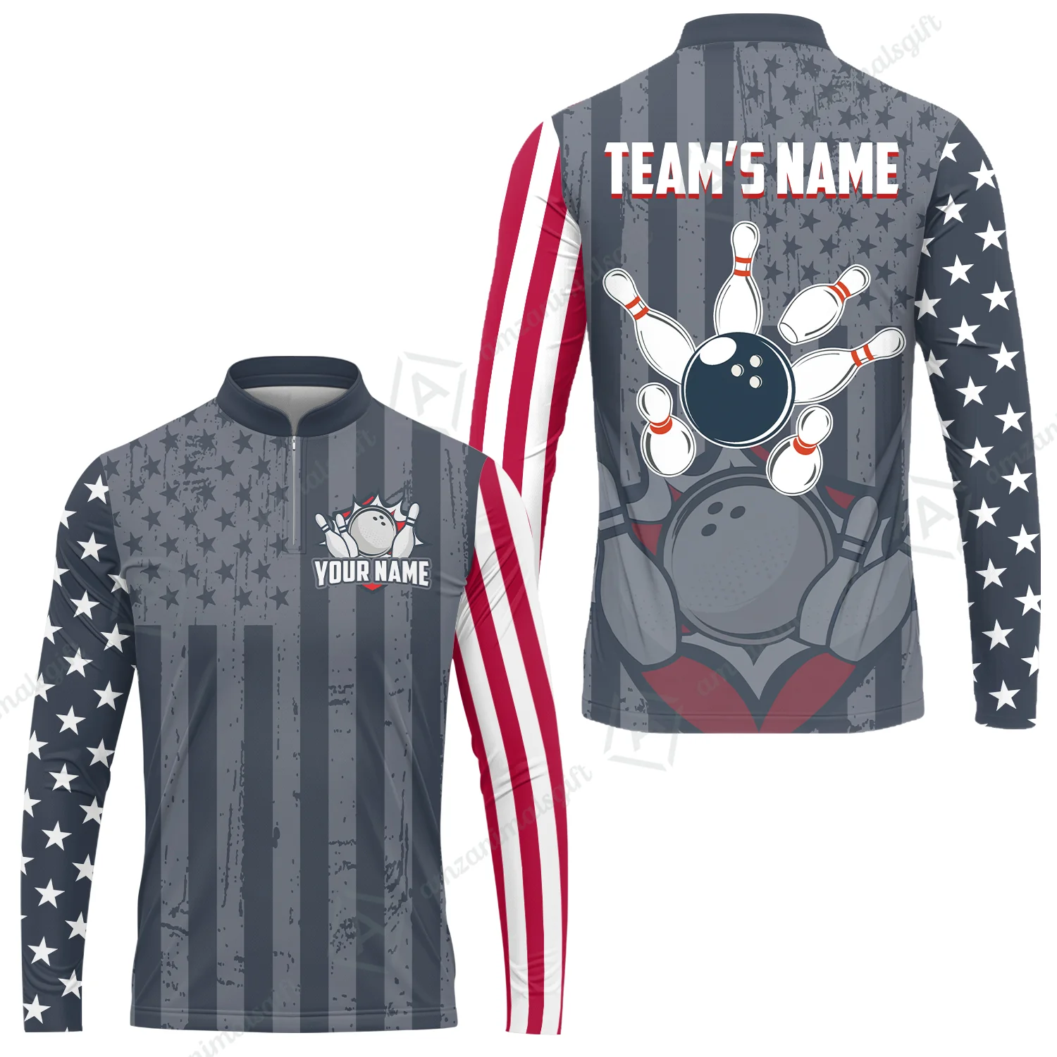 Customized Bowling Jersey Quarter-Zip Stand Collar Shirt, Bowling USA Flag Pattern Team Shirt For Men Women Bowlers - Image 6
