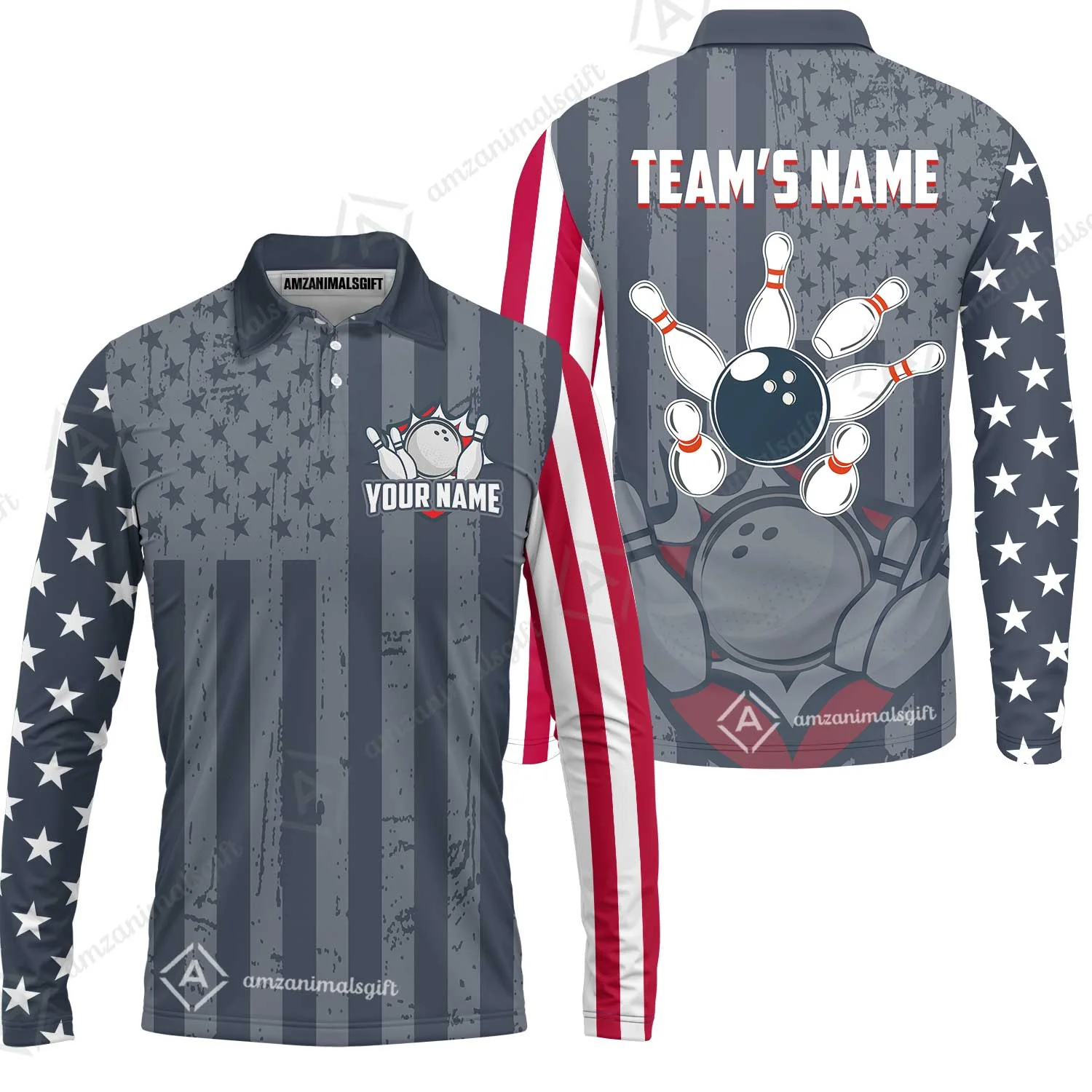 Customized Bowling Jersey Quarter-Zip Stand Collar Shirt, Bowling USA Flag Pattern Team Shirt For Men Women Bowlers - Image 7