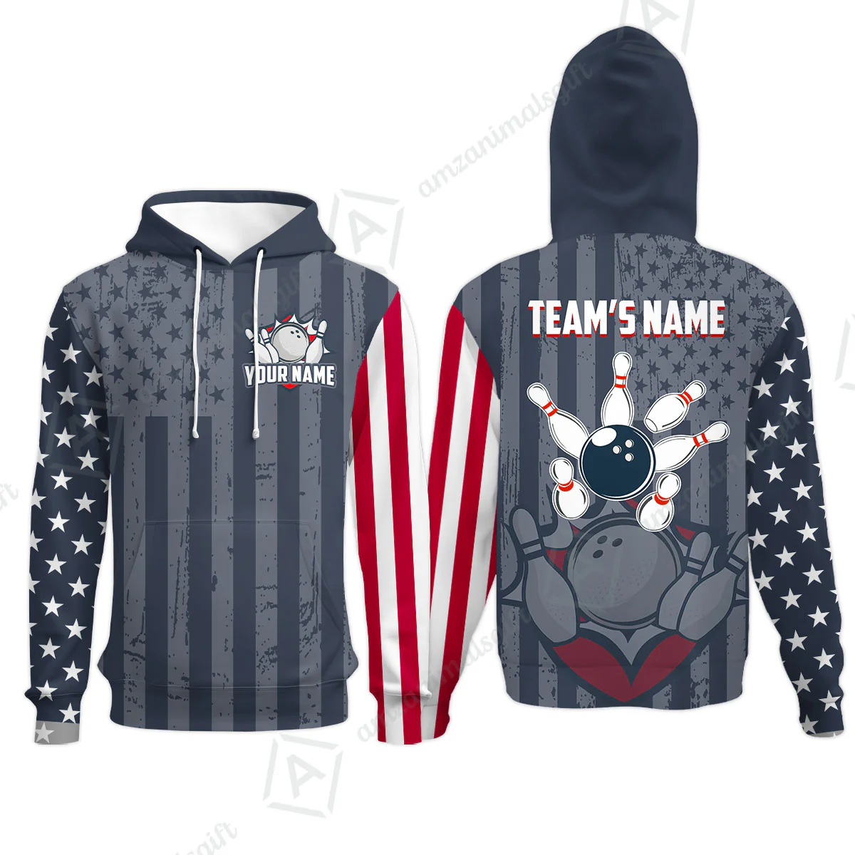 Customized Bowling Jersey Quarter-Zip Stand Collar Shirt, Bowling USA Flag Pattern Team Shirt For Men Women Bowlers - Image 9