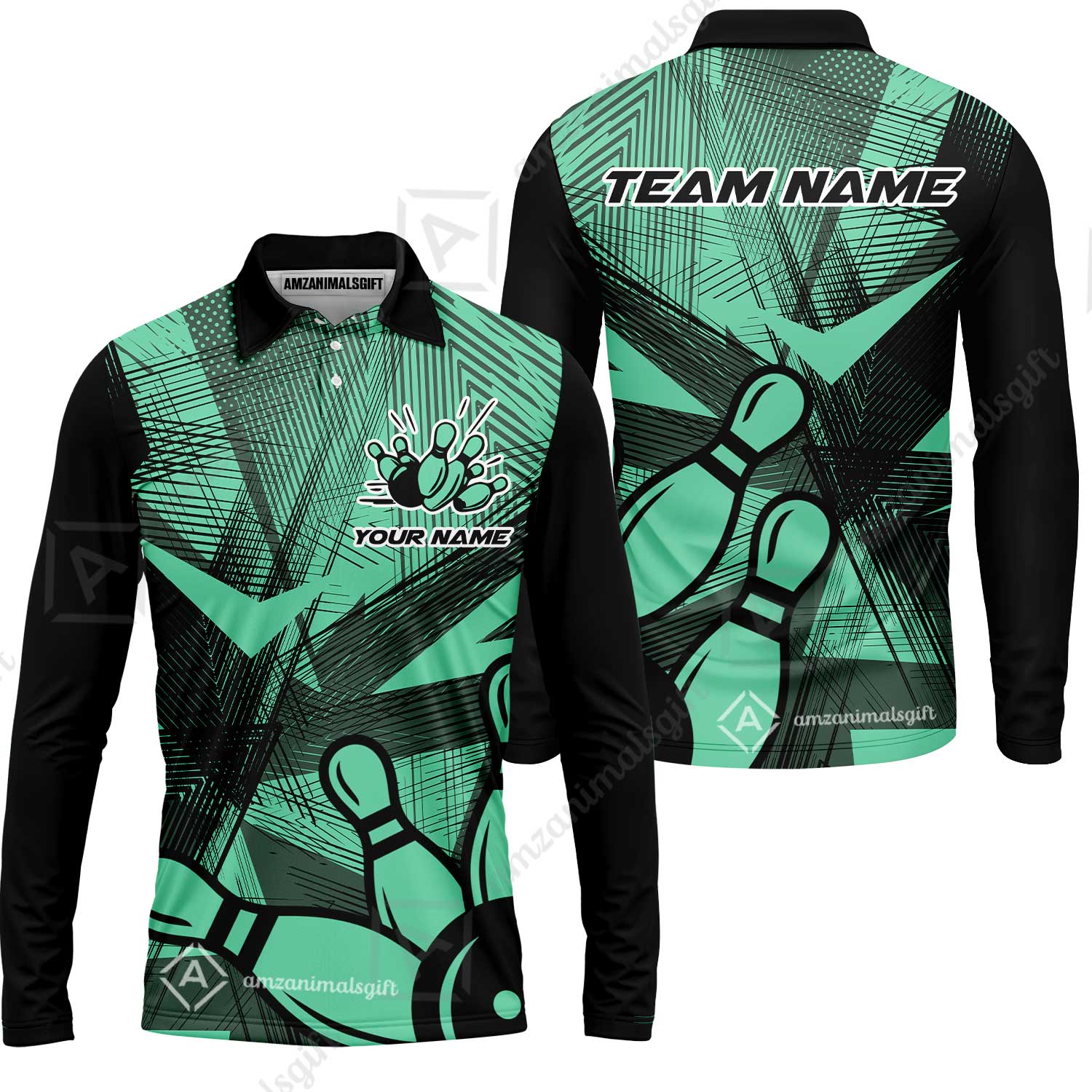 Customized Bowling Long Sleeve Polo Shirt, Bowling Ball And Pins Esports Pattern Long Sleeve Polo Shirt Uniform For Bowlers - Image 4