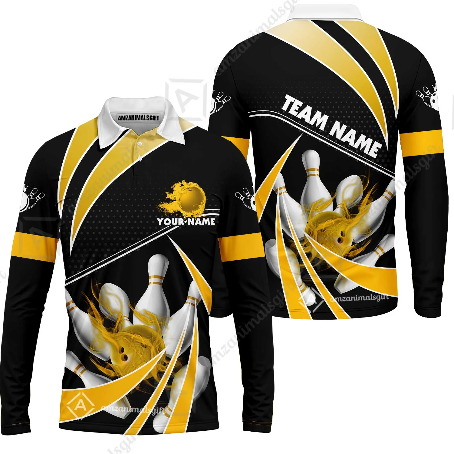 Customized Bowling Long Sleeve Polo Shirt, Bowling Ball & Pins Fire Light Sport Long Sleeve Polo Shirt Multicolor Option For Bowlers - Image 2